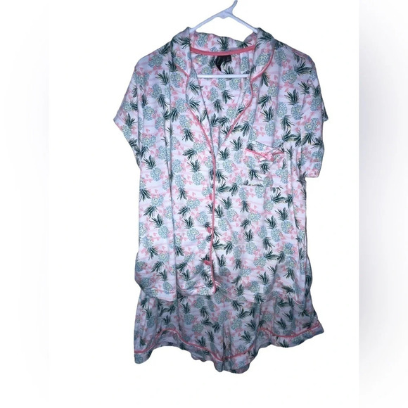 Cynthia Rowley Pineapple Pink Hearts Pajama Set Size 1X Short Sleeve Button Up - Picture 1 of 8